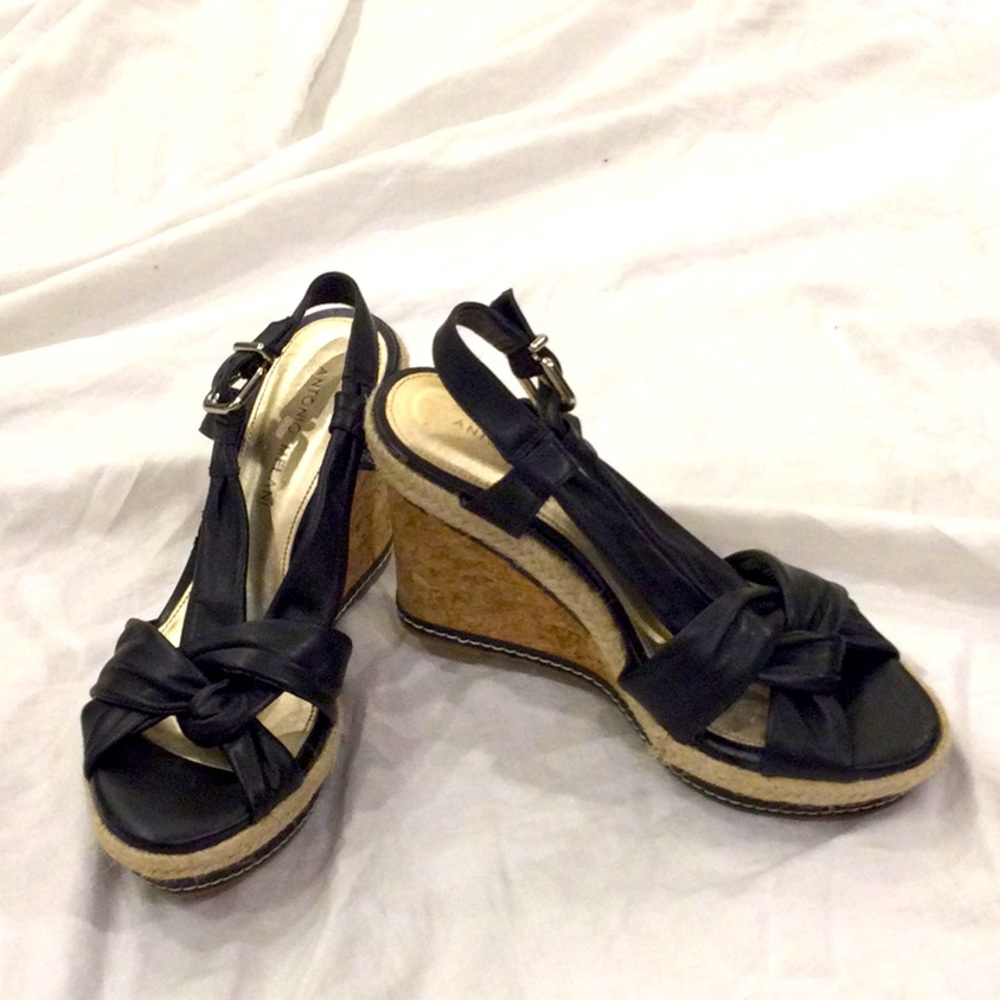 Soft Black Leather Espadrille Wedge Sandals Size 6.5